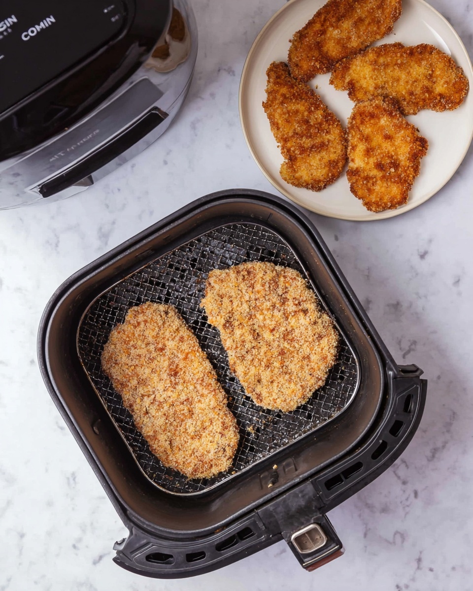 The image shows two breaded pieces of food placed side by side in a black air fryer basket. Each piece is light tan with a rough, crumbly texture due to the coating. To the top right, a white plate holds several similar cooked pieces that are golden brown and crispy, with some irregular edges. The background surface is a white marbled texture. Photo taken with an iphone --ar 4:5 --v 7