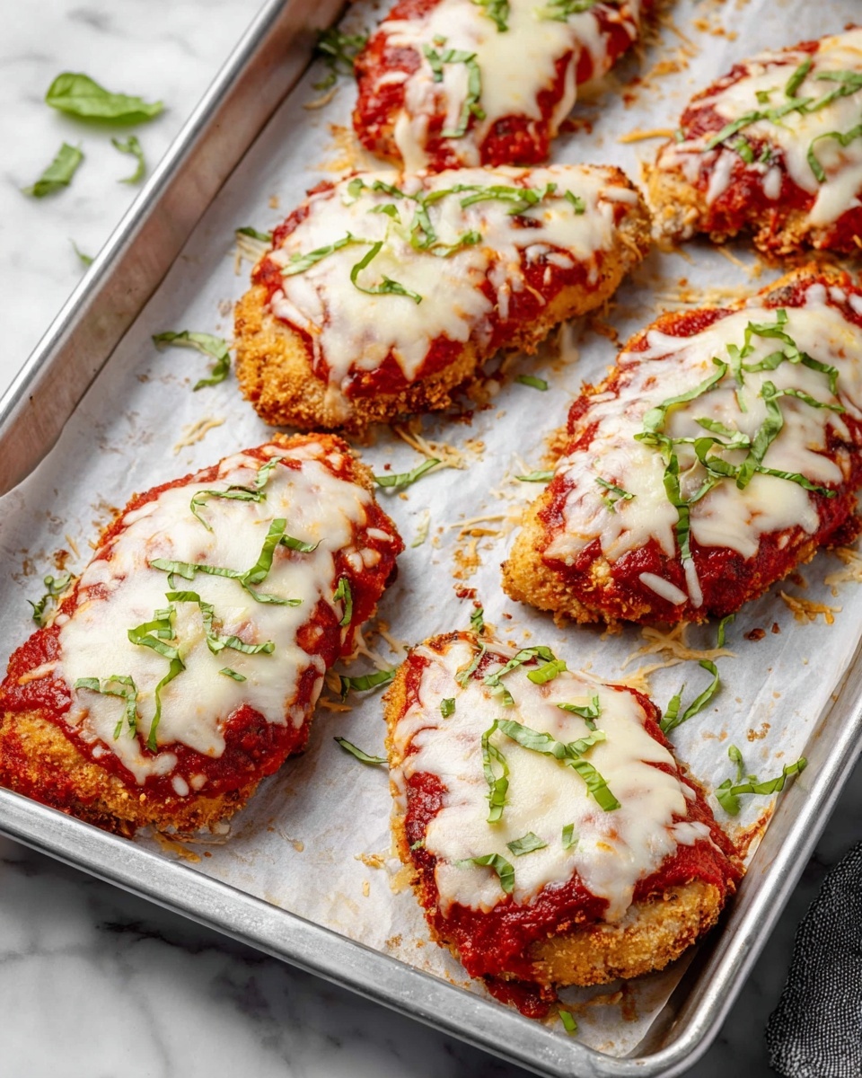 Six pieces of chicken parmesan sit on a silver baking tray lined with parchment paper, placed on a white marbled surface. Each piece has three visible layers: a crispy golden brown chicken base, a bright red tomato sauce covering the chicken fully, and a thick layer of melted white mozzarella cheese on top. Small green basil leaves are sprinkled over each cheesy layer, adding a fresh pop of color. The edges of the chicken have slight browned cheese bits melted onto the parchment. Photo taken with an iphone --ar 4:5 --v 7