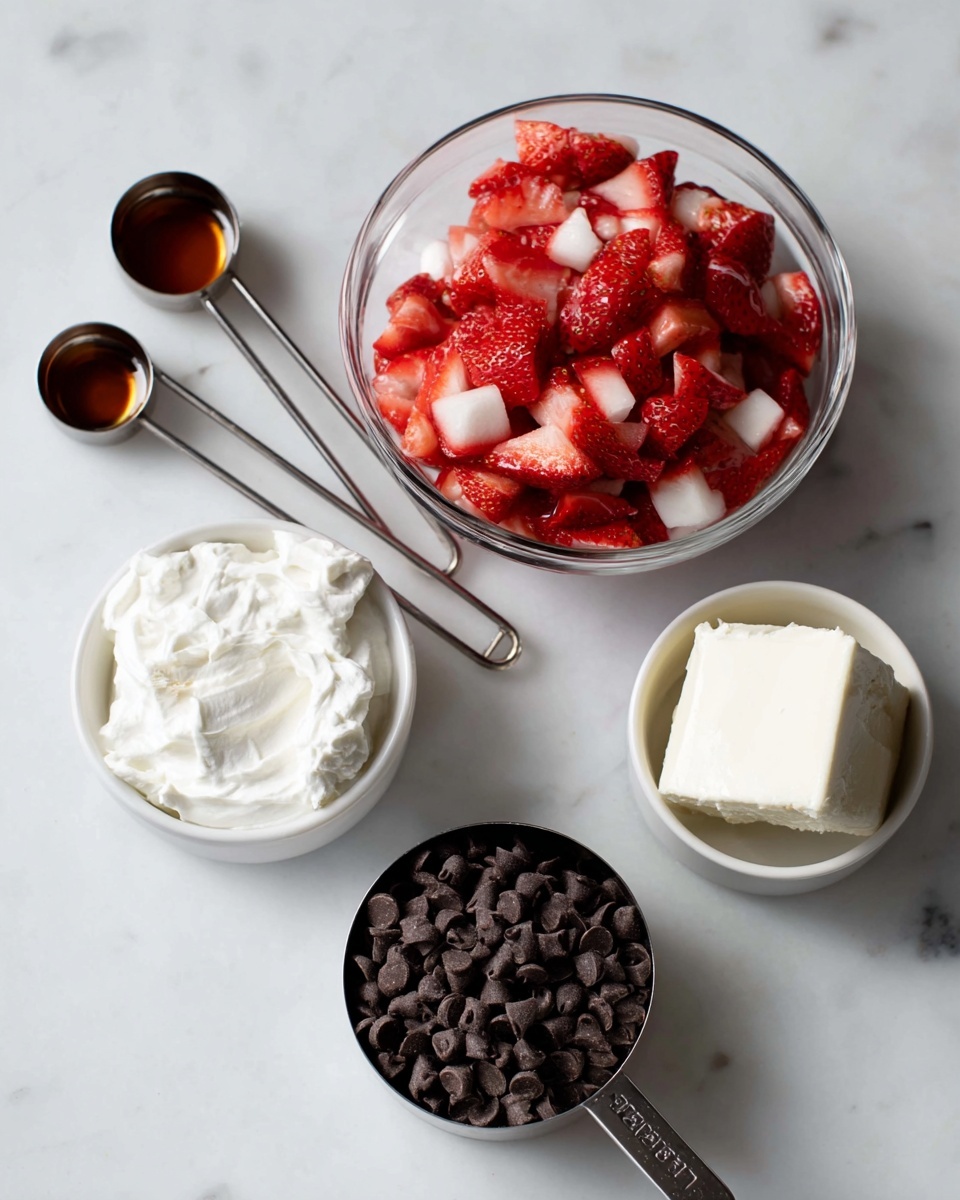 The image shows five separate containers on a white marbled surface, each holding a different ingredient. In the center is a clear glass bowl filled with chopped red and white strawberries, showing a mix of juicy, shiny textures. To the bottom right is a metal measuring cup filled to the top with small, dark brown chocolate chips that have a glossy, smooth surface. To the left of the strawberries, there is a metal measuring cup filled with white whipped cream, smooth and creamy in texture. Above the strawberries is a small white bowl holding a chunk of solid white fat. Two metal measuring spoons are also present on the surface, one with dark amber liquid, and the other with a slightly darker liquid, placed diagonally across from each other. Photo taken with an iphone --ar 4:5 --v 7