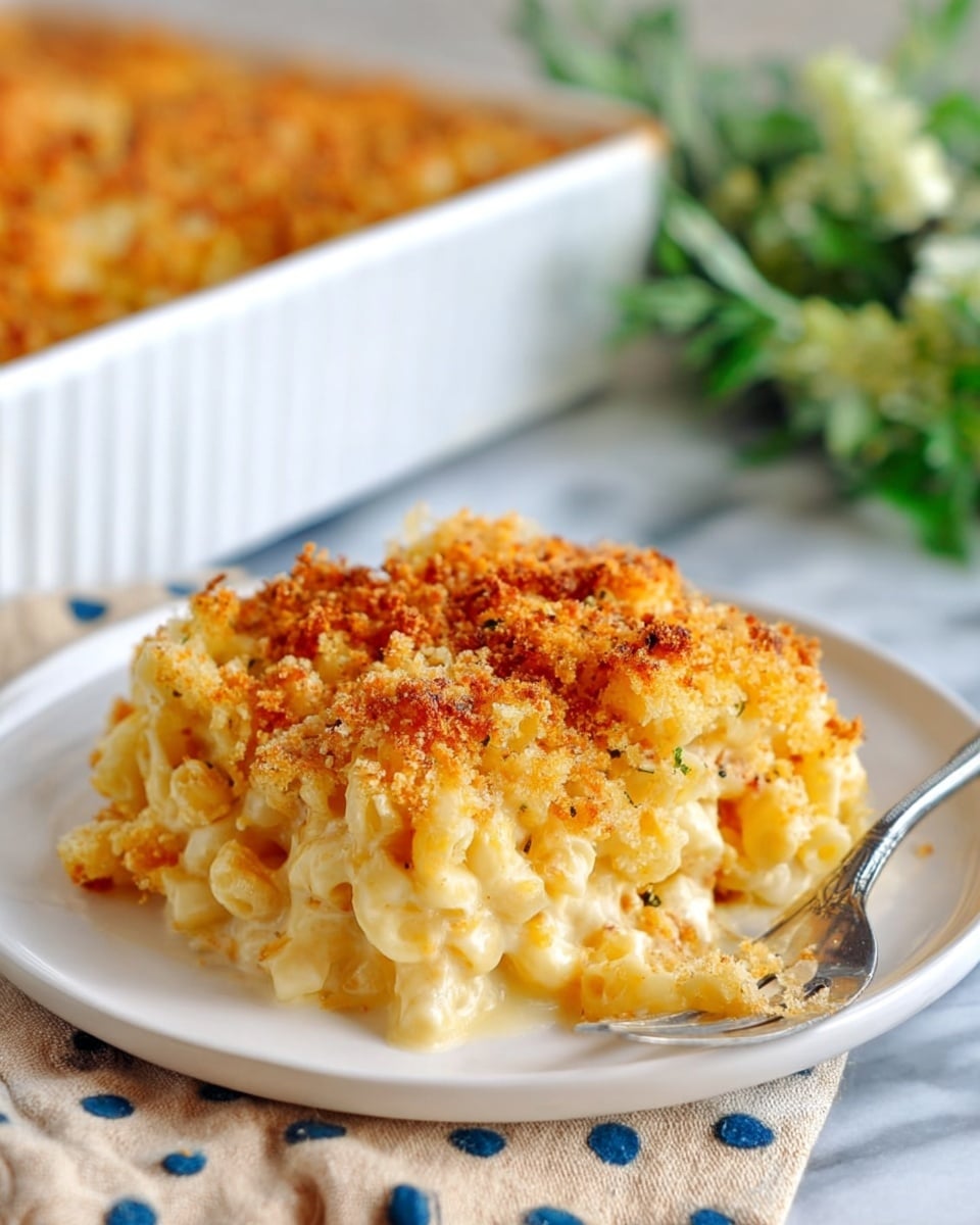 A serving of macaroni and cheese is layered on a white plate. The bottom layer is soft, creamy macaroni pasta with a pale yellow cheese sauce. The top layer is a textured, golden brown breadcrumb crust that looks crispy and slightly uneven. The macaroni is slightly oozing cheese beneath the crust. A silver fork rests on the right side of the plate. The plate is placed on a white marbled surface with a beige cloth that has blue dots underneath. In the background, there is a white baking dish filled with more macaroni and cheese, slightly out of focus, and some green herbs blurred behind it. photo taken with an iphone --ar 4:5 --v 7