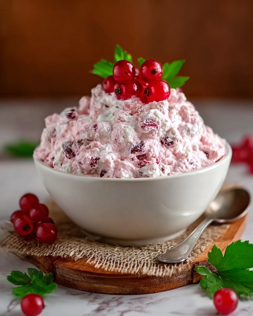 The image shows a white bowl filled with a creamy salad that is mainly white with pink and red swirls throughout. The salad has a thick and fluffy texture with visible small chunks mixed in. On top of the salad, there is a small cluster of round, bright red berries at the center. The bowl sits on a white marbled surface. Part of a white cloth is visible near the bowl, and there are a few green leaves placed near the edge of the bowl. Two gold-colored spoons rest beside the bowl. Photo taken with an iphone --ar 4:5 --v 7
