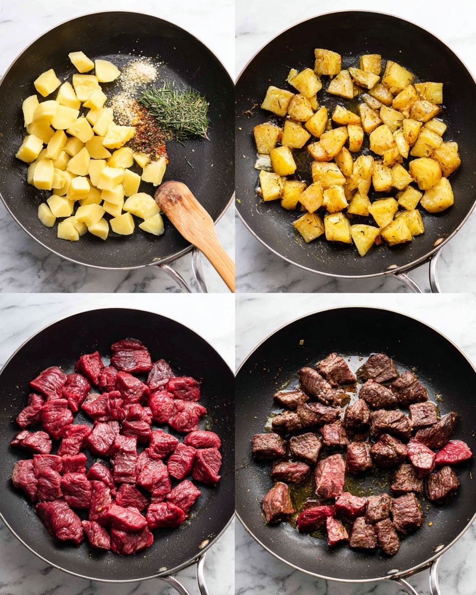 A set of four images shows cooking steps in a large black pan on a white marbled surface. The top left image has a first layer of raw yellow potato cubes and a small pile of minced garlic and dried herbs in the center, with a wooden spoon resting on the left side inside the pan. The top right image shows the same potato cubes browned evenly with a golden, crispy texture scattered across the pan. The bottom left image displays a second layer of raw red beef chunks spread out evenly in the pan with some oil underneath. The bottom right image reveals the beef chunks seared to a rich brown color with a slight crust forming on the surface, filling the pan. Photo taken with an iphone --ar 4:5 --v 7
