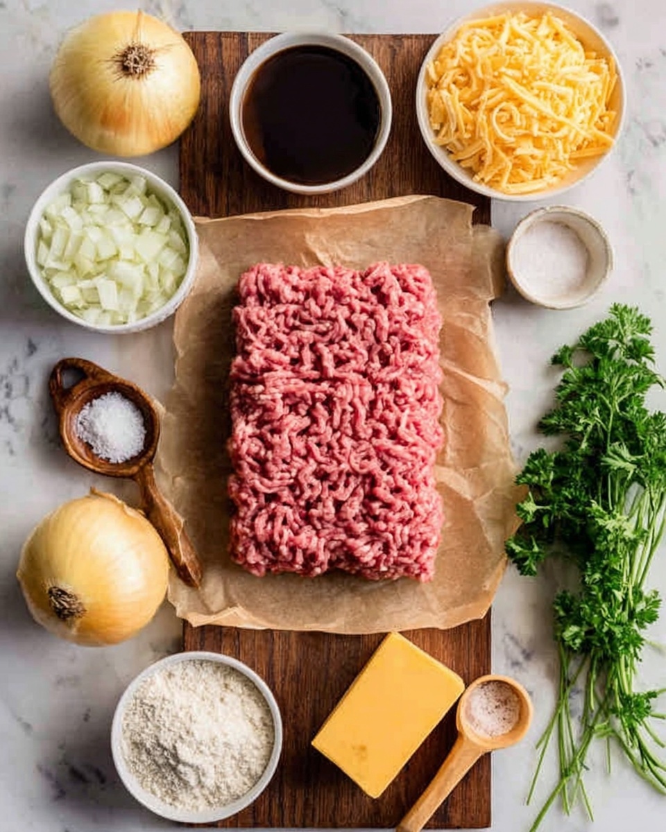 The image shows a wooden board with several cooking ingredients arranged neatly. At the center is a rectangular layer of raw ground meat with a pink texture, placed on parchment paper. Around it, there are small white bowls containing chopped onions, dark sauce, cream, and salt. Two whole yellow onions are placed on the board. A small block of yellow cheese sits nearby, along with a white bowl filled with shredded yellow cheese and another bowl holding flour. Fresh green parsley lies beside the cheese. The surface beneath everything is a white marbled texture. A woman's hand is holding one of the small wooden spoons with a little salt. photo taken with an iphone --ar 4:5 --v 7