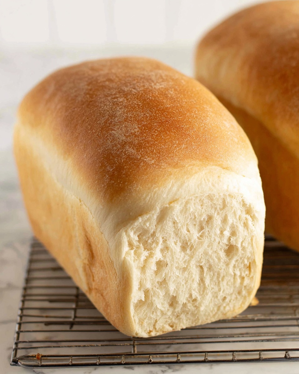 The image shows a close-up view of a single loaf of bread resting on a cooling rack with another loaf partially visible on the right side. The loaf has a light golden-brown crust with a smooth, slightly shiny top. The side facing the camera reveals a torn edge with airy, soft crumb texture inside. The cooling rack sits on a white marbled surface that provides contrast to the warm color of the bread. The lighting is natural, highlighting the texture and warmth of the loaf. Photo taken with an iphone --ar 4:5 --v 7