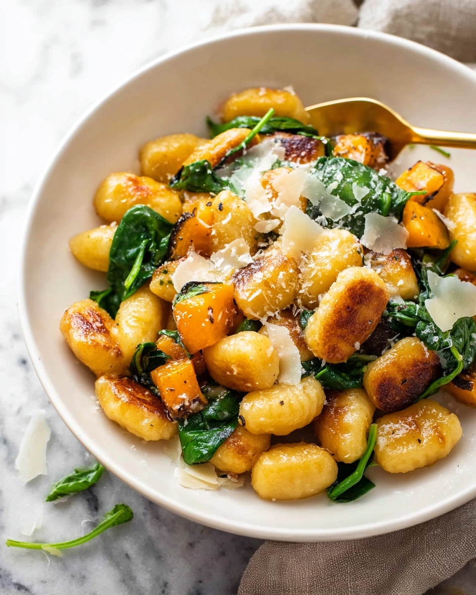 The image shows a white bowl filled with golden-brown seared gnocchi pieces that are slightly crispy on the outside. Mixed among the gnocchi are bright green spinach leaves with a fresh texture and roasted chunks of orange butternut squash. Light shavings of white cheese are sprinkled over the top, adding a delicate, snowy layer. A golden spoon rests inside the bowl, slightly buried under the food. The bowl sits on a white marbled surface, with a blurred neutral cloth in the background. photo taken with an iphone --ar 4:5 --v 7