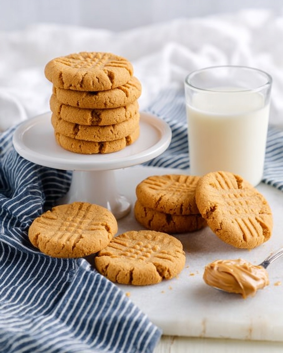 13 Minute 3-Ingredient Peanut Butter Cookie Recipe 5 A stack of light brown peanut butter cookies with crisscross fork marks sits on a white cake stand in the back center of the image. In front, on a white marbled surface, five cookies lie flat, with one cookie resting upright against a glass of white milk on the right. A spoon with a scoop of smooth peanut butter is placed next to the cookies on the left. A white cloth with dark blue stripes is draped casually on the left side, and a white cloth is softly spread in the background. The scene has soft, natural lighting. photo taken with an iphone --ar 4:5 --v 7