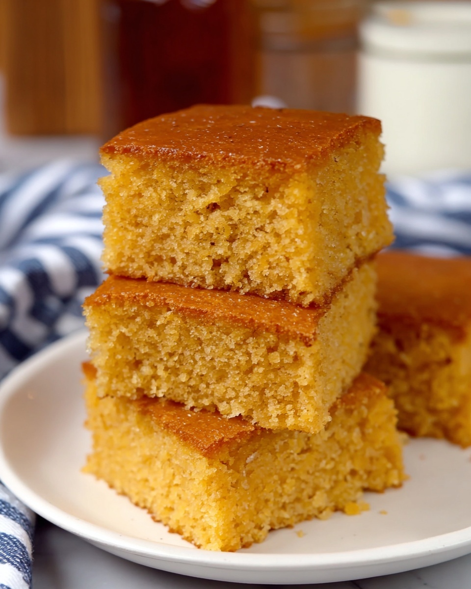 Three square pieces of golden brown cake are stacked on a white plate. Each piece has a soft and moist texture with a slightly rough crumb surface. The top layer of each cake piece is smooth and a bit darker than the inside, showing a well-baked finish. The background has a blurred view of containers and a white and blue striped cloth on a white marbled surface. Photo taken with an iphone --ar 4:5 --v 7