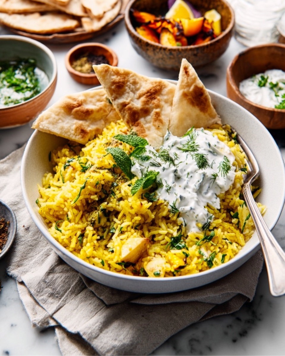 A white bowl filled with yellow rice mixed with green herbs is placed on a soft, light-colored cloth on a white marbled surface. On top of the rice, there is a dollop of white yogurt sauce with green herbs mixed in. Two triangular pieces of flatbread rest on one side of the bowl. A silver fork lies on the edge of the bowl, with a woman's hand holding the handle. In the background, other dishes and small bowls with sauces and roasted vegetables are softly blurred. Photo taken with an iphone --ar 4:5 --v 7