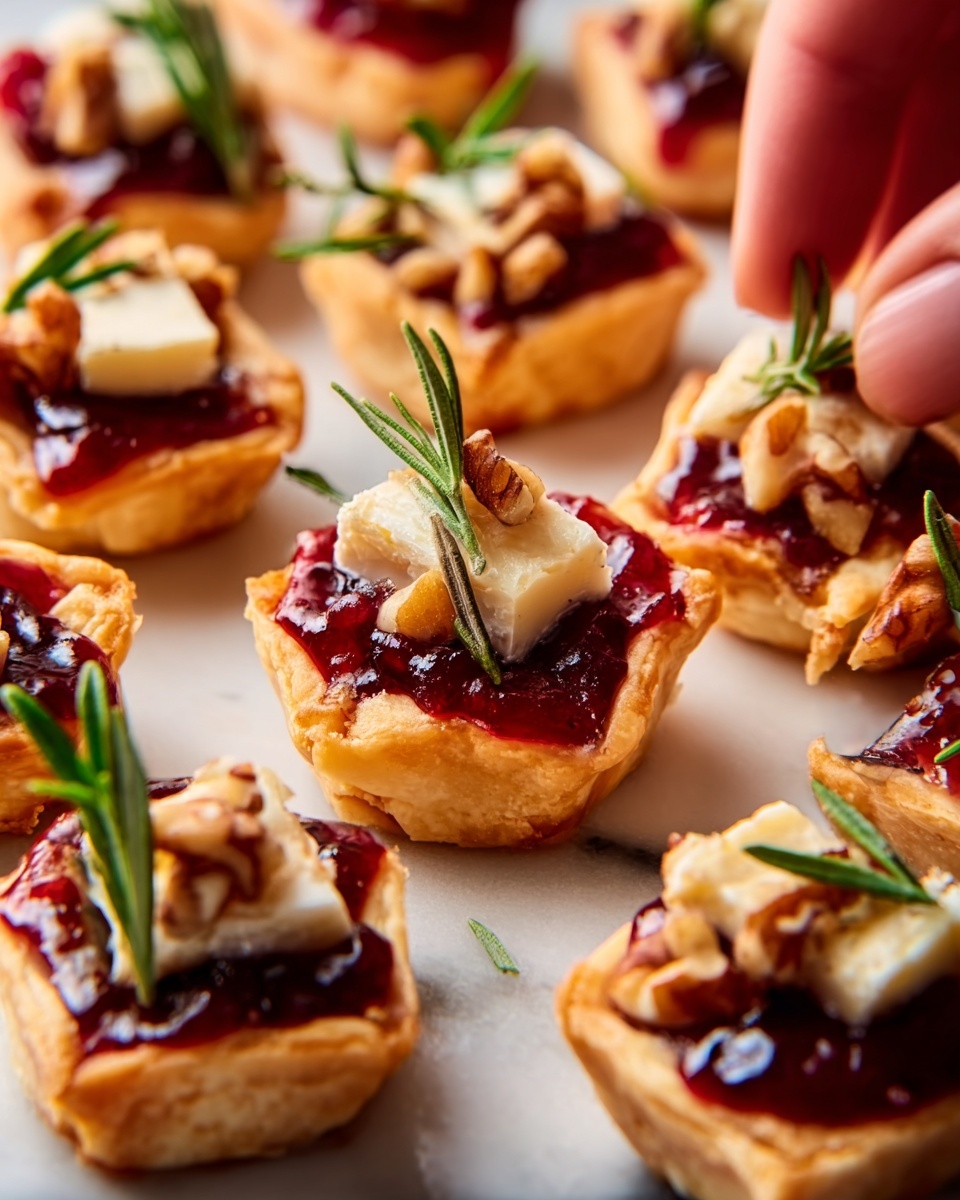 The image shows a close-up of four mini pastries in a gray muffin tin, each with three visible layers: a golden-brown puff pastry base that is crispy and puffed up around the edges, a melted pale yellow cheese layer in the center that looks soft and slightly shiny, and a bright red jam layer on one side that is smooth and glossy. On top, there is a small sprig of green rosemary adding a fresh touch. The muffin tin sits on a white marbled surface. Photo taken with an iphone --ar 4:5 --v 7