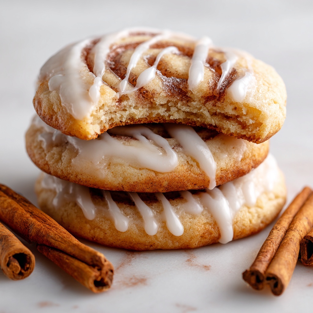 A white plate holds five soft, round cinnamon roll cookies, each with a light golden-brown base and a darker, cinnamon-spiced swirl pattern on top. A smooth, glossy white icing is drizzled over the cinnamon swirls in irregular loops, giving the cookies a shiny, slightly wet look. The cinnamon and icing layers are clearly visible, with the cinnamon layer sitting just above the cookie base and the icing sitting on top. The plate is placed on a white marbled surface, and the background shows a blurred white plate with more cookies on it, along with a blurry white cup. photo taken with an iphone --ar 4:5 --v 7