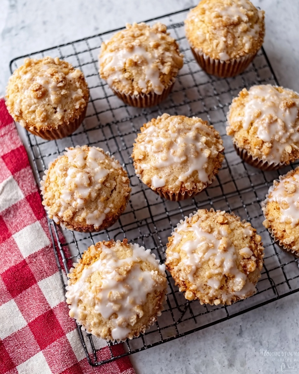 The image shows a white marbled surface with a black wire rack holding nine muffins. Each muffin has a golden-brown top with a light, shiny white glaze drizzled over it, creating an uneven, smooth layer that covers parts of the muffin caps. The muffins' texture looks soft with some crumbly bits around the edges, and small crunchy bits are visible on top, adding a rough contrast to the smooth glaze. In the bottom left corner, a red and white checkered cloth is partly visible. Photo taken with an iphone --ar 4:5 --v 7