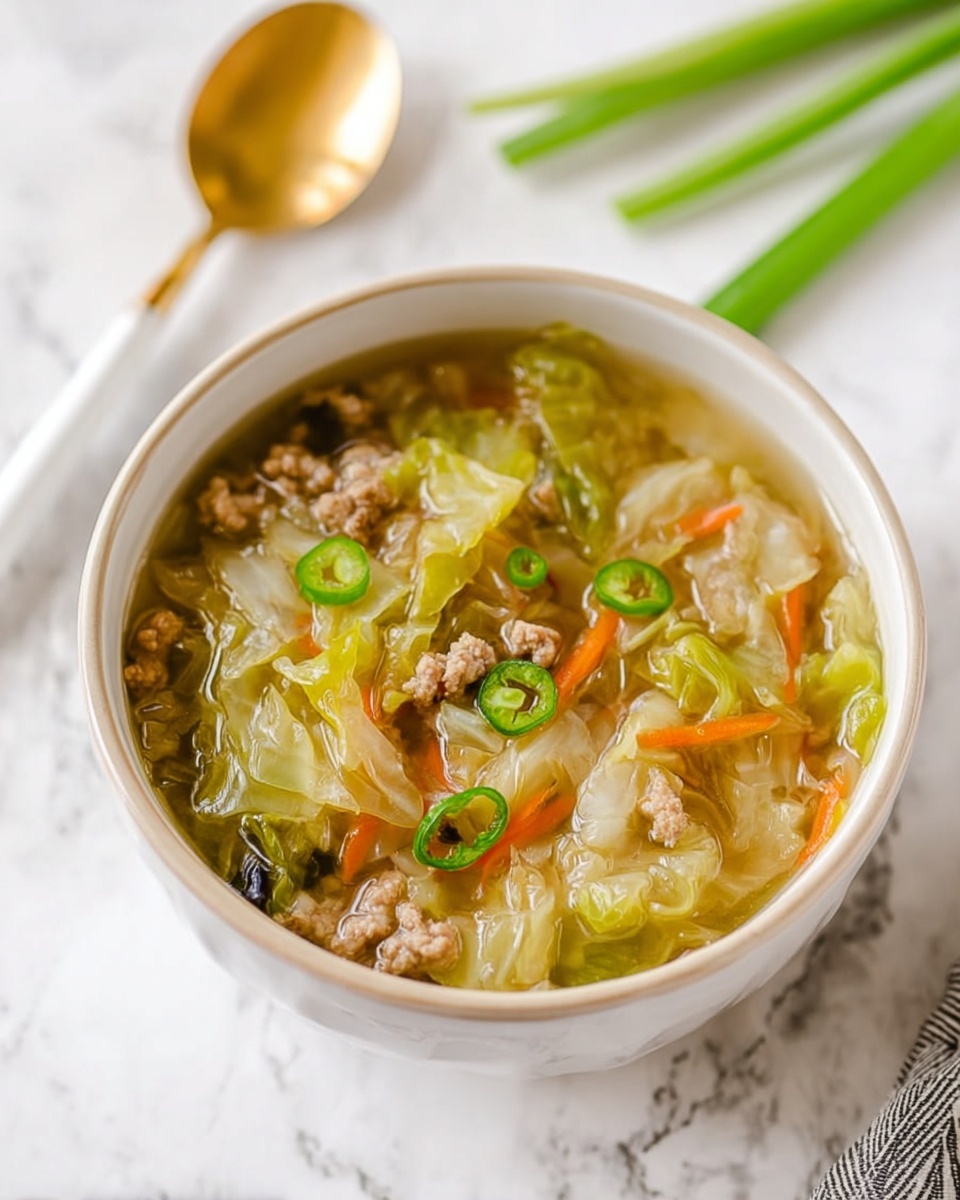 A white bowl filled with clear broth soup showing soft, light green cabbage pieces, thin orange carrot strips, small chunks of cooked light brown ground meat, and thinly sliced bright green chili peppers floating on top. The bowl sits on a white marbled surface with fresh green onions next to it and a gold and white spoon in the background. The soup looks warm and inviting with a mix of smooth and chunky textures. photo taken with an iphone --ar 4:5 --v 7