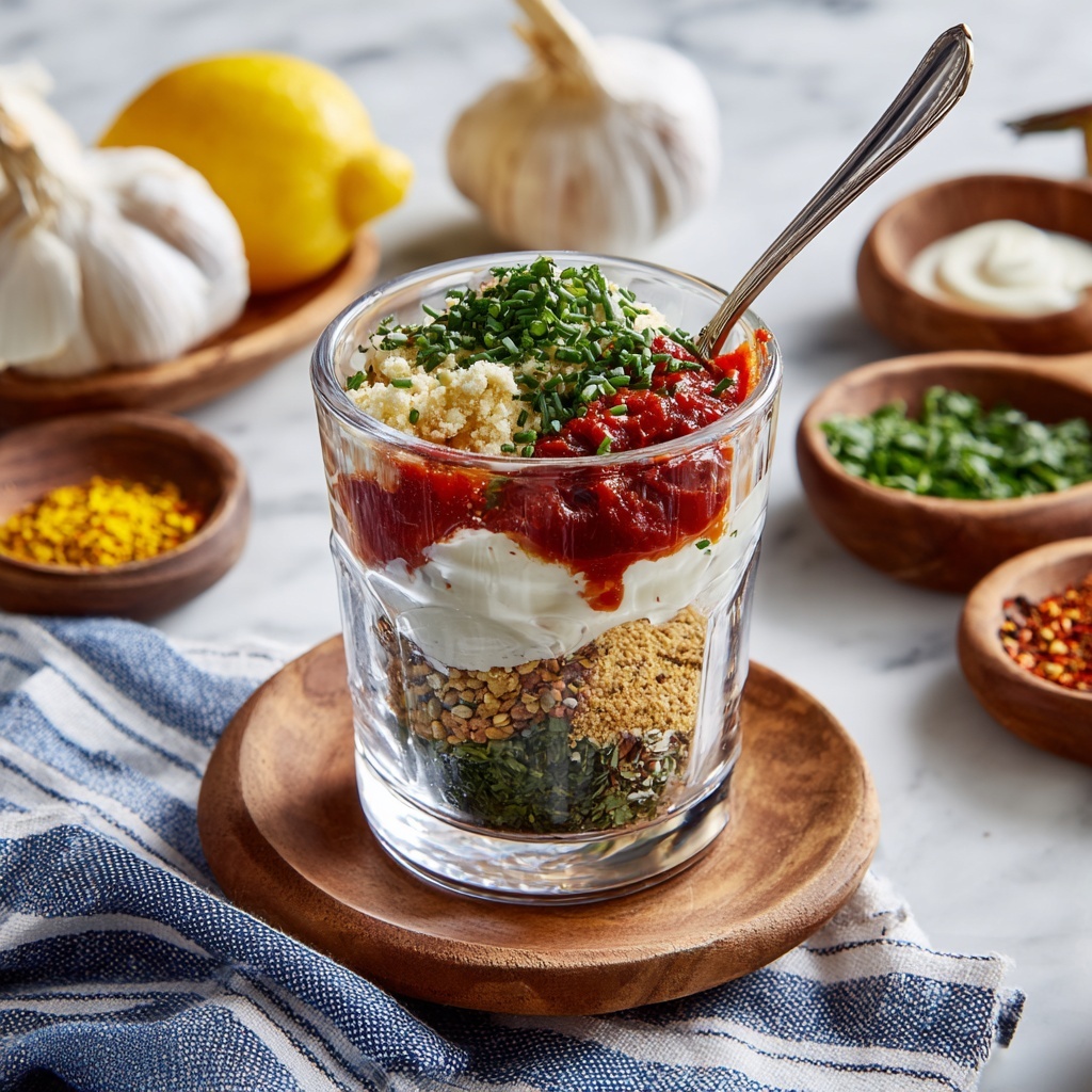 A clear glass measuring cup holds seven visible layers of ingredients arranged in small piles without mixing: bright red ketchup, white creamy sauce, light brown grainy mustard, green chopped herbs, dark green dried parsley, black pepper flakes, and a layer of finely chopped fresh chives. A silver spoon rests inside the cup on the right side. The cup sits on a round wooden coaster over a white marbled surface covered partially by a blue and white striped cloth. Around it are whole garlic bulb, wooden bowls with lemon wedges, white creamy sauce, and small wooden spice dish holding yellow seeds, green herbs, and red powder. Two silver spoons lay on the cloth near the measuring cup. Photo taken with an iphone --ar 4:5 --v 7