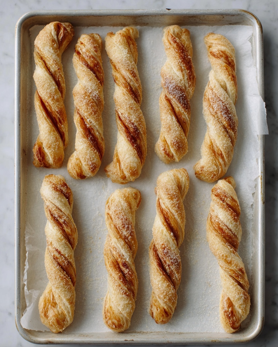 The image shows eight twisted pastries arranged neatly in two rows on a white baking tray lined with white parchment paper. Each pastry has a golden brown color with visible layers of dough twisted to show a slight shine and a light dusting of flour or sugar. The texture looks soft and flaky, with the twists adding a sense of depth and dimension. The background is a white marbled surface. Photo taken with an iphone --ar 4:5 --v 7