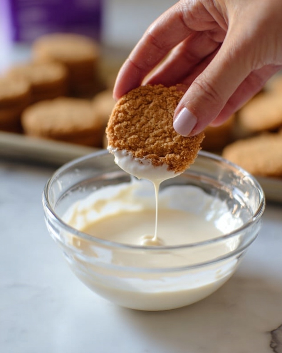 A woman's hand is holding a round, golden-brown crispy piece of food above a clear glass bowl filled with a thick white sauce. The sauce drips slowly from the bottom of the crispy piece back into the bowl. The bowl is placed on a white marbled surface, and in the background, more similar golden-brown pieces rest on a tray. Photo taken with an iphone --ar 4:5 --v 7