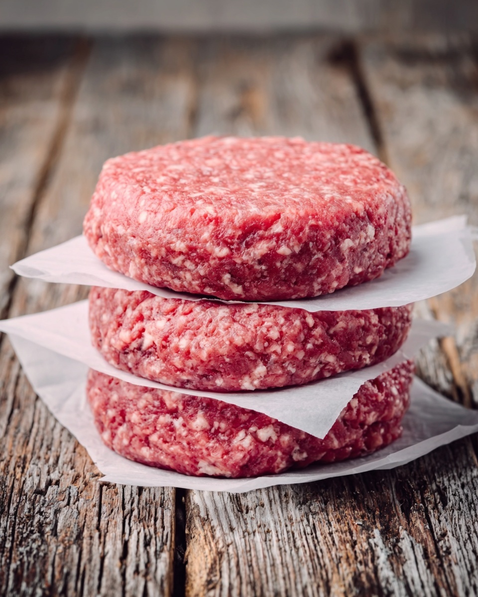 The image shows three raw burger patties stacked on top of each other, separated by white parchment paper. Each patty is round and thick, with a rough texture showing small pieces of ground meat in shades of pink and red. The stack sits on a wooden surface that is weathered and rustic. The background is blurry with wooden planks. Photo taken with an iphone --ar 4:5 --v 7