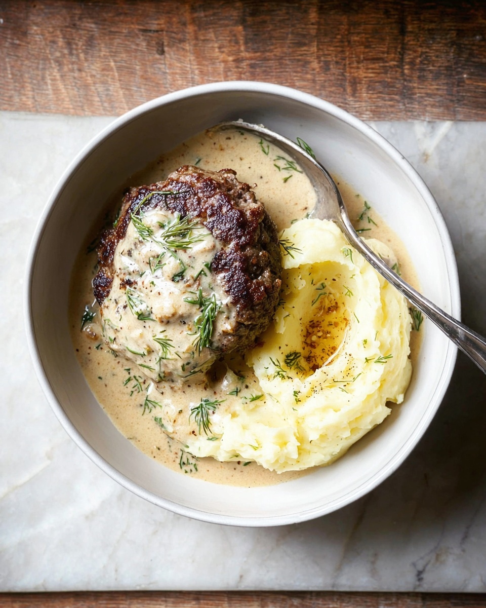 A white bowl on a white marbled surface holds a dark brown, grilled meat patty partially covered with a creamy light beige sauce that has small green herb flecks, mostly dill. Next to the patty is a scoop of smooth mashed potatoes with a small pool of melted butter and a sprinkling of black pepper and dill on top. A silver spoon rests inside the bowl on the right side. Photo taken with an iphone --ar 4:5 --v 7