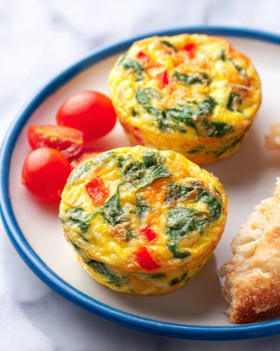 This image shows three small egg muffins placed in a white bowl on a white marbled surface. Each muffin has a yellow, cooked egg base with visible layers of green spinach leaves and red sun-dried tomato bits mixed inside. The texture looks soft yet firm with some light browning on the edges. A woman's hand is holding one muffin up, showing the inside with its colorful layers of green, red, and white. In the background, there are whole brown eggs slightly blurred. Photo taken with an iphone --ar 4:5 --v 7