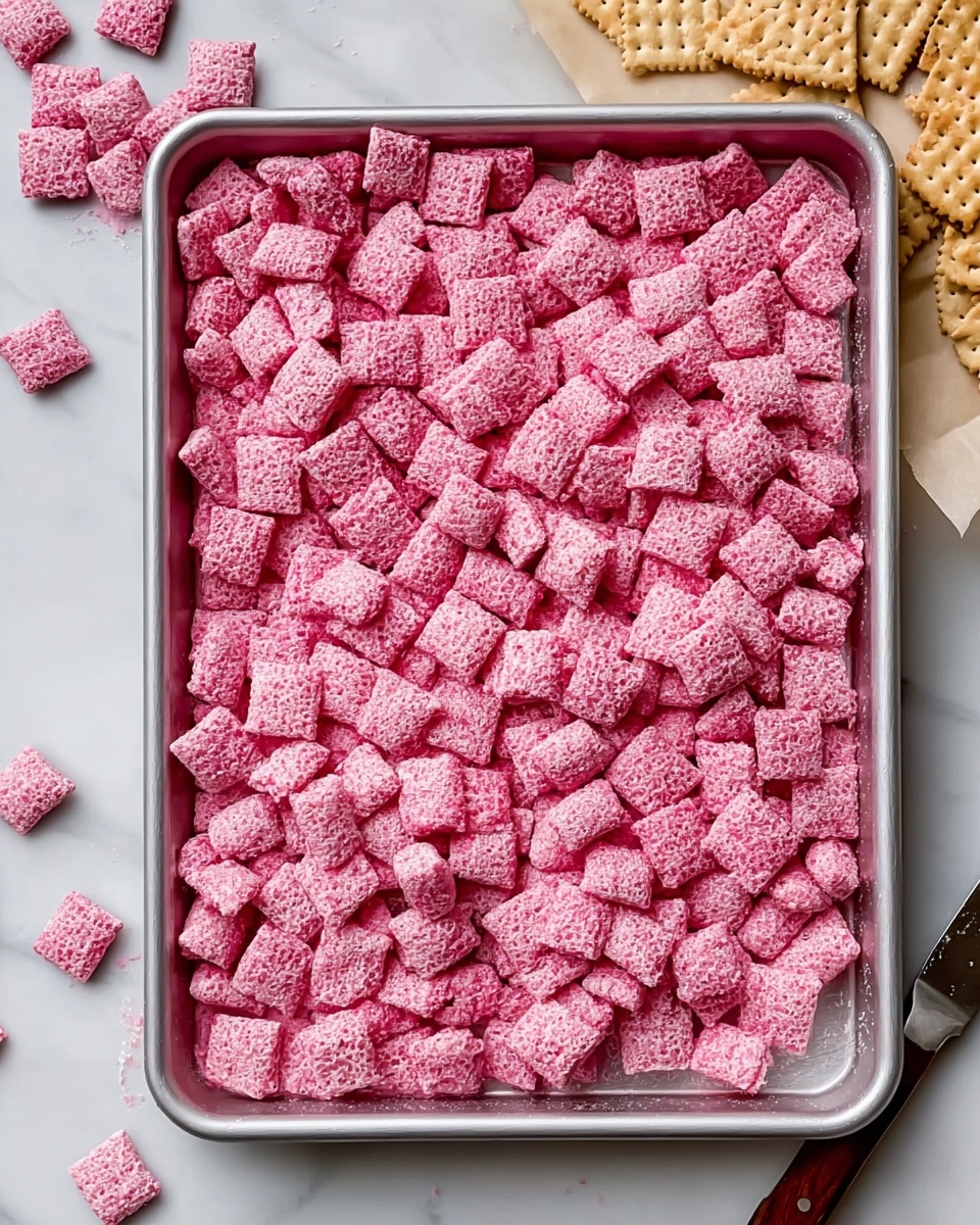 The image shows a silver rectangular baking tray filled with many small square cereal pieces, all coated in a bright pink powder giving them a frosted look. The cereal squares are spread in a single thick layer, showing their crunchy texture with tiny holes on each piece. Some cereal pieces have spilled onto a white marbled surface around the tray. The top right corner of the image shows a cut linen board with more cereal squares and crackers. In the upper right corner of the image, there's a knife with pink powder on its blade resting on the white marbled surface. photo taken with an iphone --ar 4:5 --v 7