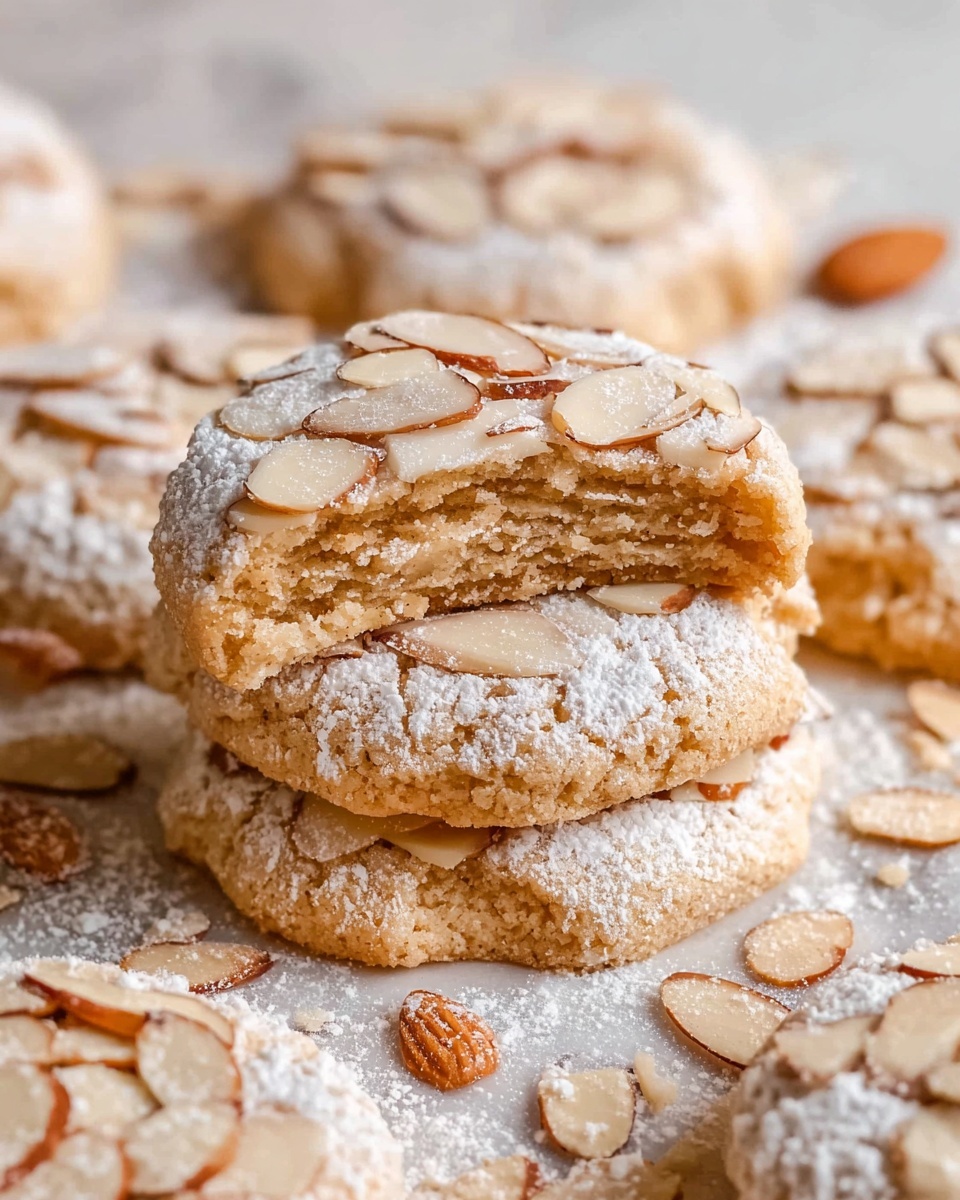 The image shows a close-up of round, golden-brown cookies arranged close together on a white marbled surface. Each cookie has thin, light beige almond slices scattered on top, with a dusting of fine white powdered sugar evenly covering the cookies and the surface beneath. The texture of the cookies looks slightly rough and crunchy, and the almond slices add a delicate, layered look on top. The overall color palette is warm with light browns, beiges, and whites. photo taken with an iphone --ar 4:5 --v 7