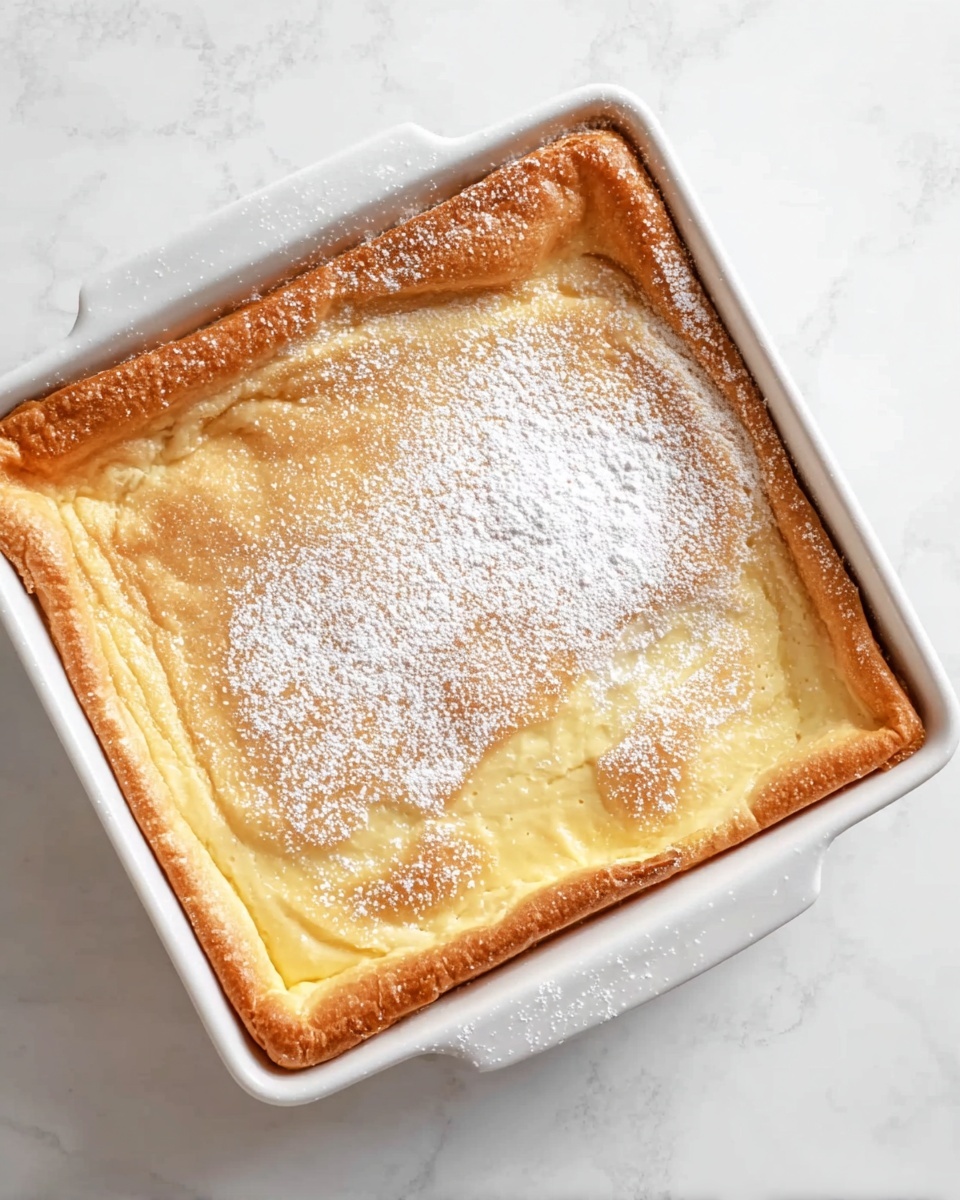 A square white baking dish holds a single-layered dessert with a golden brown crust along the edges and a pale yellow, smooth top layer that looks creamy. The surface is lightly dusted with fine white powdered sugar. The dish sits on a white marbled texture background. photo taken with an iphone --ar 4:5 --v 7