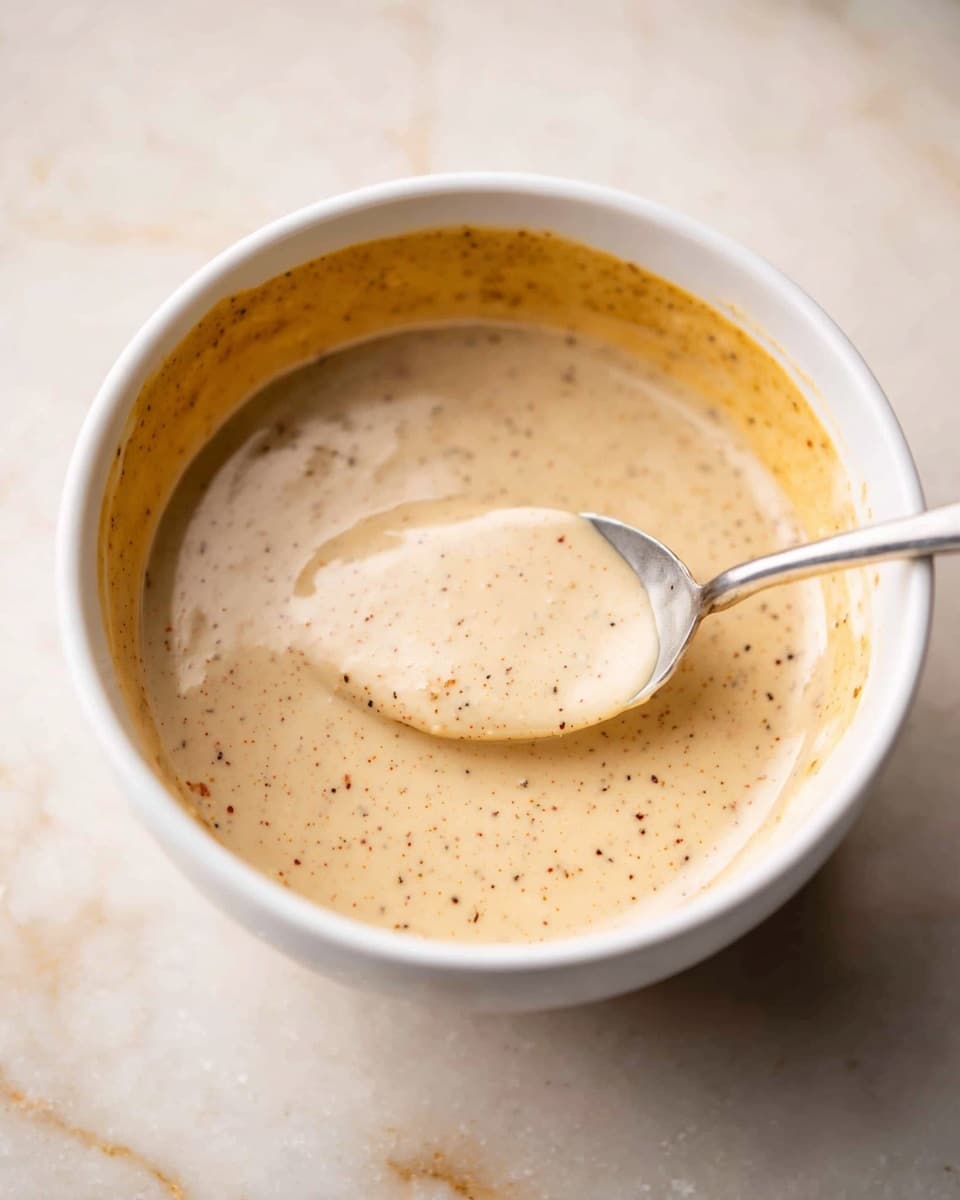 A close-up image shows a white bowl filled with a creamy sauce that has a light tan color with small darker specks spread evenly throughout. The sauce has a smooth, thick texture, and the edges of the bowl show streaks of the sauce. A metal spoon is dipped into the sauce, with some sauce covering the spoon tip. The bowl is placed on a white marbled surface that adds a soft, clean look to the scene. The photo taken with an iphone --ar 4:5 --v 7