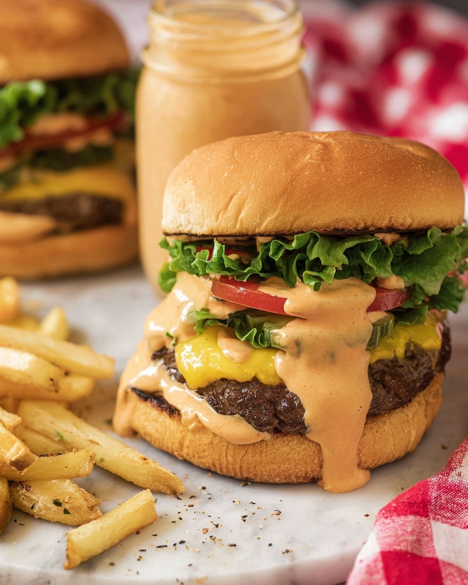 The image shows a cheeseburger with a golden brown bun on top. Under the bun, there is a layer of green lettuce and red tomato slices covered in a creamy light orange sauce that drips down the sides. Below that is a slice of yellow cheese melted over a dark brown grilled beef patty. The bottom bun holds everything together. The burger sits on a white marbled surface with a few golden French fries scattered around, some with a light sprinkle of black pepper. On the left side, there is a glass jar filled with the same creamy orange sauce. In the background, there is another burger blurred out and a red and white checkered cloth. photo taken with an iphone --ar 4:5 --v 7