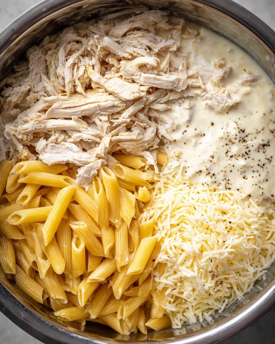 This image shows a close-up of an uncooked pasta dish arranged in a round metal pot with a white marbled texture underneath. The dish has four main layers arranged next to each other: in the top left, shredded cooked chicken is light beige with a fibrous texture; in the bottom left, dry yellow penne pasta lays flat, showing smooth surfaces and open ends; the bottom right contains a grated white cheese layer, finely shredded and piled; the top right is filled with a creamy white sauce, slightly glossy, with black pepper sprinkled on top. photo taken with an iphone --ar 4:5 --v 7