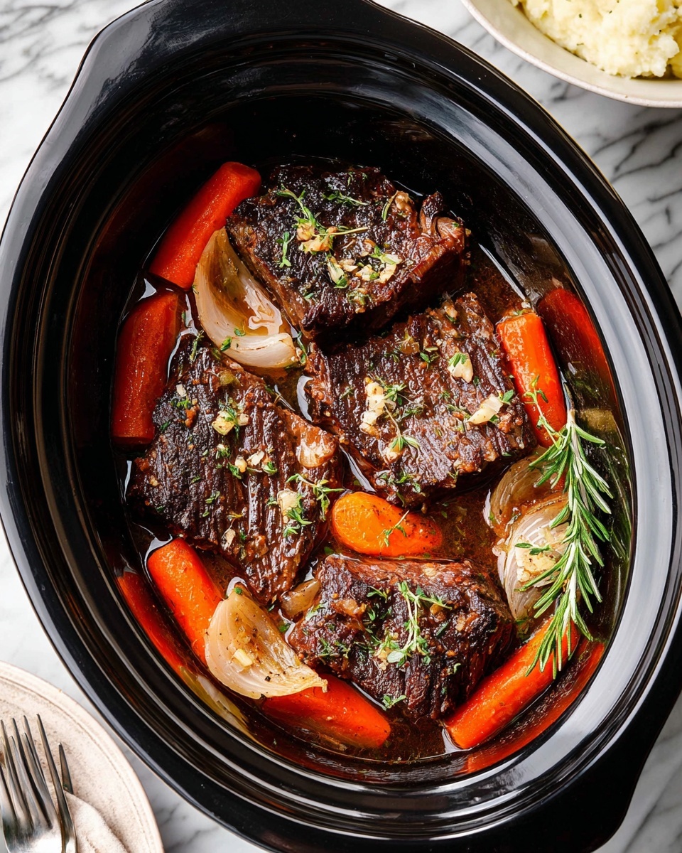 A black slow cooker filled with four large pieces of dark brown cooked meat, each piece topped with tiny bits of herbs and garlic. Surrounding the meat are thick slices of bright orange carrots and soft translucent onion wedges, all in a shallow layer of dark, rich broth. A fresh green sprig of rosemary lies on top of the carrots, adding a touch of color. The slow cooker sits on a white marbled surface, with a glimpse of a white bowl of mashed potatoes in the corner and part of a white plate with a fork visible nearby. photo taken with an iphone --ar 4:5 --v 7