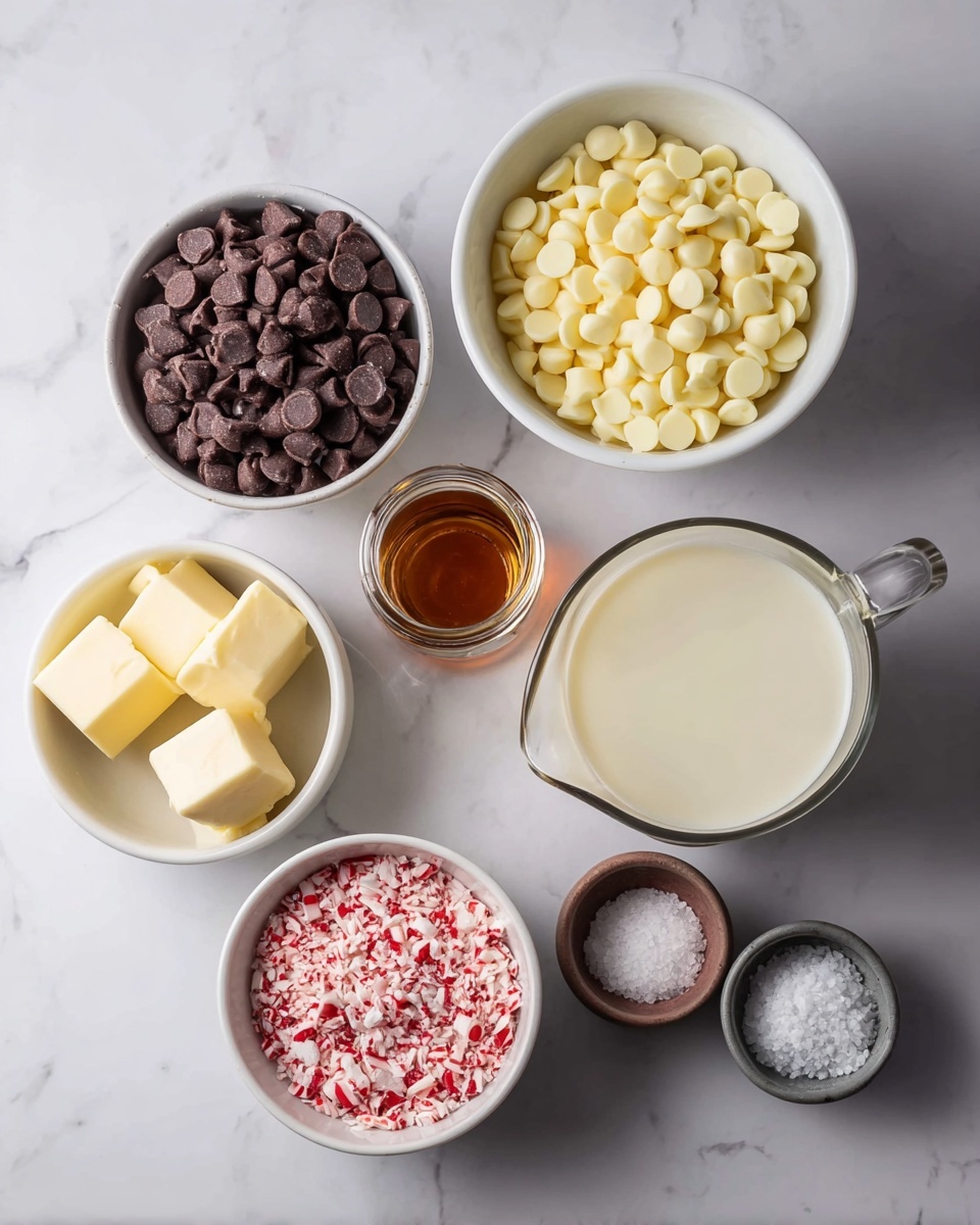 The image shows six containers with baking ingredients, all placed on a white marbled surface. At the top left is a white bowl filled with dark brown chocolate chips, next to it on the right is a white bowl filled with light yellow white chocolate chips. Below them is a small glass jar with a dropper, filled with amber-colored liquid. To the right of it is a small white bowl holding three cubes of pale yellow butter. Further right is a clear glass pitcher of creamy white liquid. At the bottom right is a white bowl filled with crushed red and white peppermint pieces. Two small bowls, one gray and one brown, contain coarse and fine white salts. Photo taken with an iphone --ar 4:5 --v 7