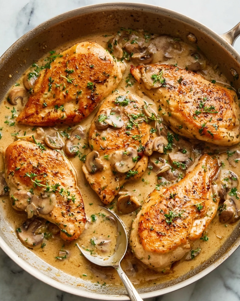 The image shows four pieces of cooked chicken in a pan, each with a golden brown color and a slightly crispy texture. The chicken pieces are partly covered with a smooth, light brown sauce that has visible mushroom slices and herbs spread evenly throughout. The mushrooms add a soft texture, and the green herbs on top give a fresh contrast. The pan is placed on a white marbled surface. A woman's hand is holding a spoon scooping the sauce near the lower left side of the image. photo taken with an iphone --ar 4:5 --v 7