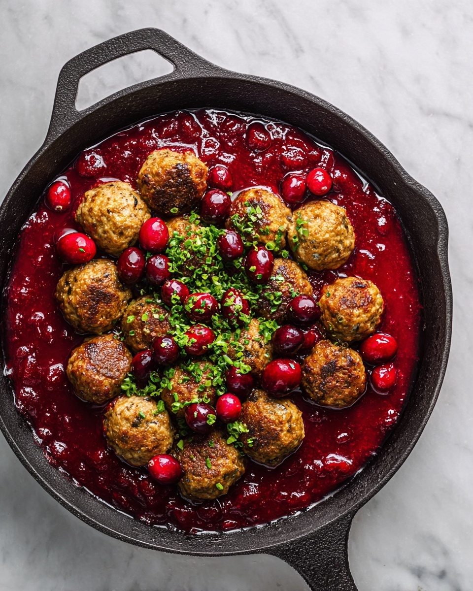 The image shows a black cast iron pan filled with bright red sauce containing whole cranberries. On top, there is a piled group of golden-brown meatballs with a slightly rough texture mixed with green herbs. Some chopped green herbs are sprinkled over the meatballs, adding a fresh look. The pan is placed on a white marbled surface. photo taken with an iphone --ar 4:5 --v 7
