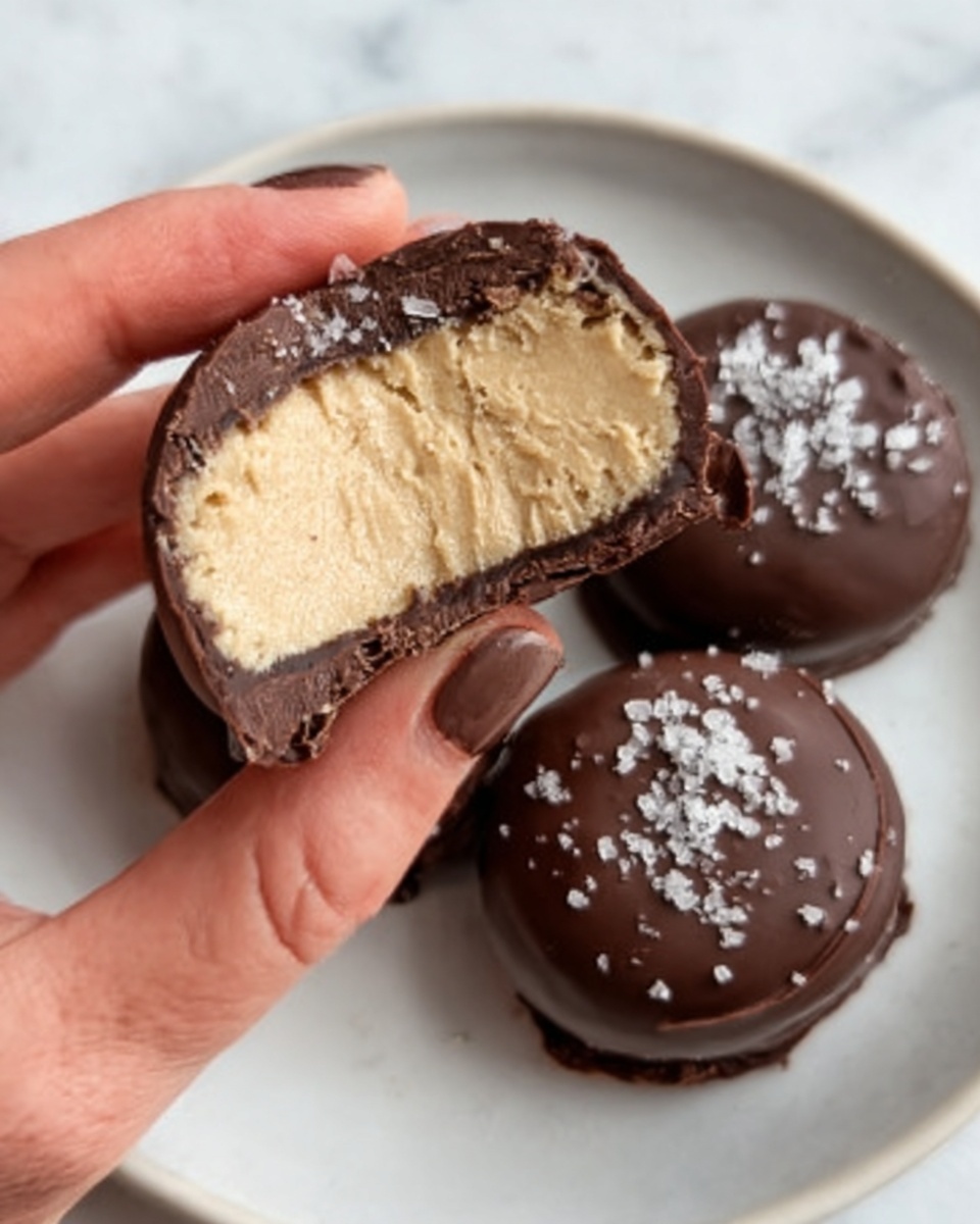 A woman’s hand holds a round chocolate covered treat that is cut in half, showing a smooth and creamy light brown filling inside. The chocolate outer layer is dark and slightly shiny with a few flakes of white salt on top. Three whole treats with a similar look are placed on a white plate, all set on a white marbled surface. The focus is close up, making the texture of the filling and chocolate clear. photo taken with an iphone --ar 4:5 --v 7