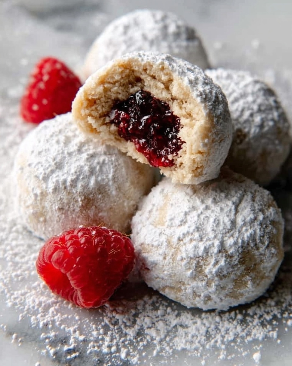 The image shows four round cookies covered in white powdered sugar, placed on a white marbled surface. One cookie is broken open to show a dark red jam filling inside, with a soft, crumbly light brown dough around it. A fresh red raspberry is placed near the cookies, adding a bright color contrast. The powdered sugar is lightly dusted on the surface around the cookies, giving a cozy, homemade feel. The overall look is soft and inviting. photo taken with an iphone --ar 4:5 --v 7