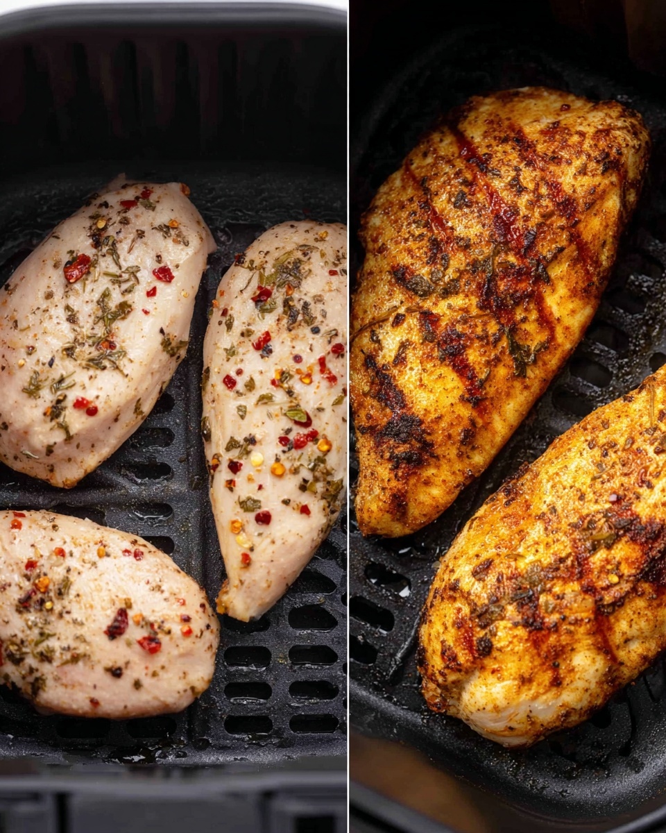 The image shows four pieces of seasoned chicken inside a black air fryer basket. On the left, the chicken is raw, light pink with visible red and black pepper flakes and some herbs sprinkled over the surface, lying flat with a smooth texture. On the right, the chicken is cooked with a golden brown, slightly charred surface showing a mix of darker and lighter brown spots and a crispy texture. The background and surface are not visible, focusing only on the chicken and the basket edges. Photo taken with an iphone --ar 4:5 --v 7