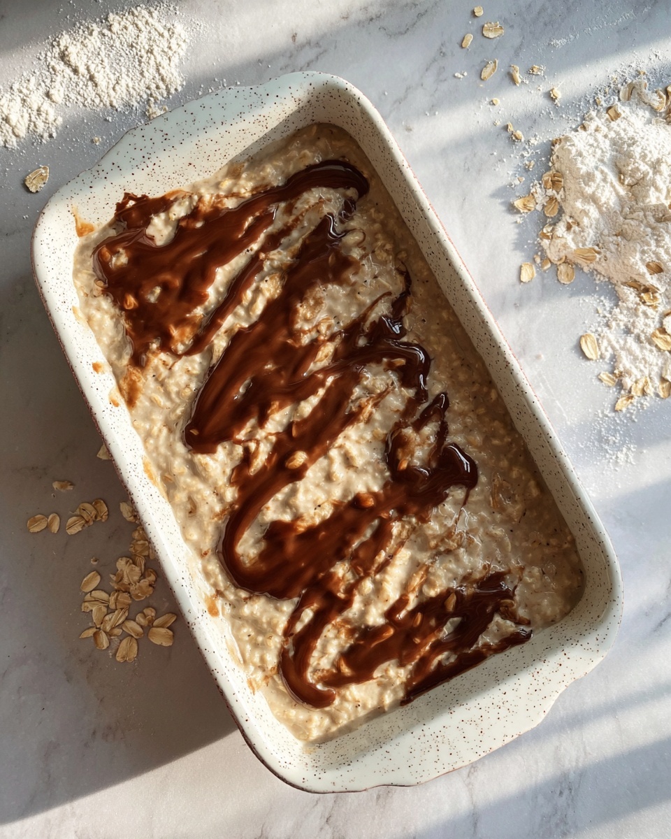 The image shows a rectangular white speckled baking dish filled with a creamy oatmeal base that is light beige in color, with an uneven texture. On top, there is a wavy swirl of dark brown sauce spread across the oatmeal, creating a marbled effect. The dish is placed on a white marbled surface with a few scattered oat flakes and some white powder nearby. The light and shadows suggest natural lighting. Photo taken with an iphone --ar 4:5 --v 7