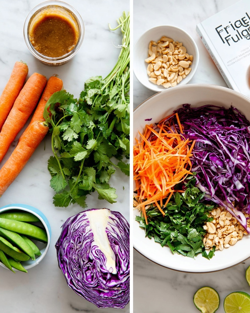 The image shows two parts: on the left, fresh vegetables and sauce ingredients are arranged on a white marbled surface, including three orange carrots on the left, green snap peas and green herbs like cilantro, and a halved purple cabbage on the bottom right, along with a glass cup filled with brown sauce on the top left. On the right, a white bowl with four sections holds shredded purple cabbage on the right, thin orange carrot strips on the top left, chopped green herbs below the carrots, and fresh leafy greens on the top right. Nearby are a small bowl of crushed nuts, a halved lime, and a book titled 