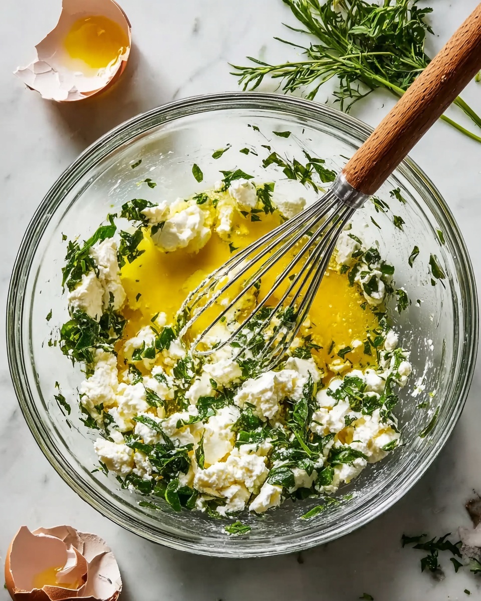 A clear glass bowl sits on a white marbled surface, filled with a mix of soft white cheese chunks, bright green leafy herbs scattered throughout, and a pool of yellow liquid (likely oil or egg yolk) in the center. A metal whisk with a wooden handle is placed inside the bowl, partially covered with the mixture. Around the bowl, there are loose sprigs of green herbs and a cracked eggshell with some egg white residue visible. The scene is bright with natural light, highlighting the creamy texture of the cheese and the freshness of the herbs. photo taken with an iphone --ar 4:5 --v 7