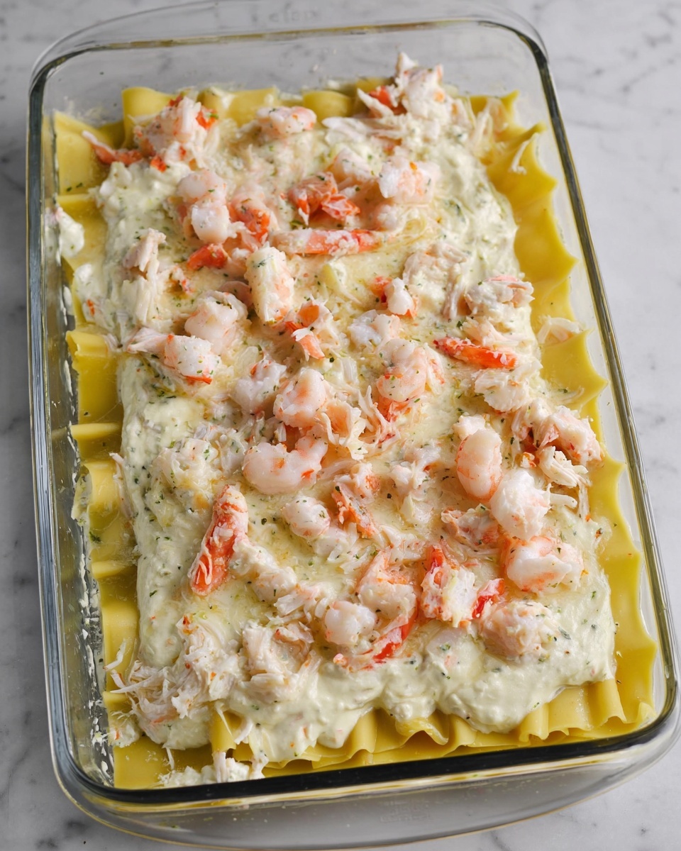 The image shows a white rectangular baking dish filled with an uncooked layered dish. The bottom layer is a flat sheet of pale yellow pasta with slightly ruffled edges. On top of the pasta is a creamy white layer mixed with small green herb pieces. The top layer has light pink cooked shrimp scattered evenly and small pieces of shredded pale beige chicken spread across. The dish is placed on a white marbled surface with a black and white striped cloth partially visible underneath. Nearby are cloves of garlic and a glass bowl with a white creamy mixture and a spoon inside. Photo taken with an iphone --ar 4:5 --v 7
