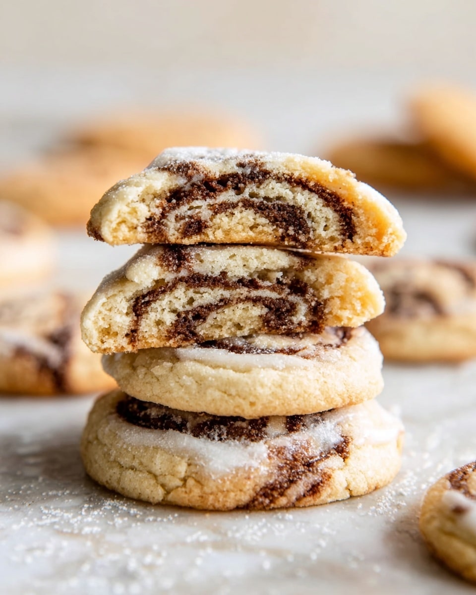 The image shows a stack of three cookies on a white marbled surface. The top cookie is broken in half, revealing swirls of dark cinnamon filling inside a soft, light brown dough. The cookies have a slightly cracked surface with a light dusting of white sugar or icing on some parts. In the background, there are blurred cookies lying flat on the white marbled surface. The overall look is warm and inviting, with the focus on the rich layers inside the cookie. photo taken with an iphone --ar 4:5 --v 7