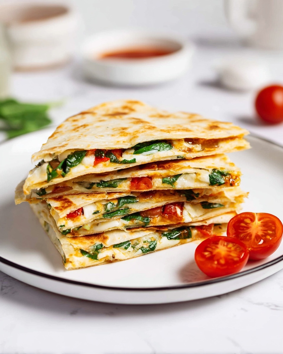 A stack of six folded quesadilla slices sits on a white plate with a thin black rim, placed on a white marbled surface. Each quesadilla layer shows a golden-browned tortilla with visible melted cheese, green spinach leaves, and small pieces of red tomato inside. The layers alternate, with the fillings slightly spilling out between the warm, crisp tortilla edges. To the right of the quesadilla stack, there are two small whole cherry tomatoes and one cherry tomato sliced in half, showing its juicy interior. In the background, there are blurred condiment bowls, one filled with red sauce and another small white bowl. Photo taken with an iphone --ar 4:5 --v 7