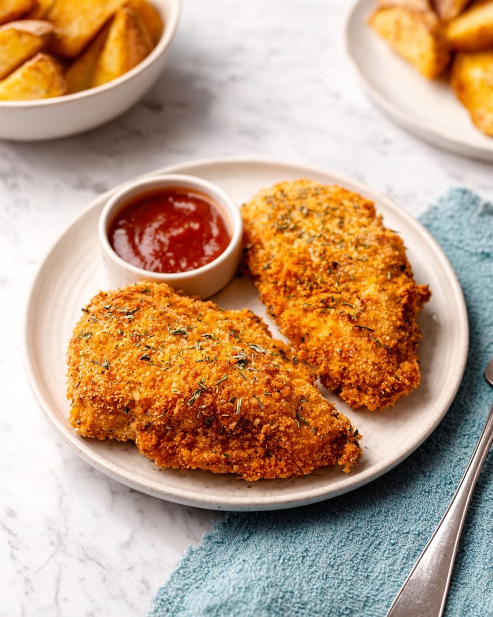 The image shows two golden brown, crispy fried chicken pieces placed side by side on a clean white plate. The chicken has a rough, crunchy texture covered in breading with a slightly uneven surface sprinkled with herbs. There is a small white bowl of thick red sauce positioned in the lower left corner of the shot. The plate rests on a white marbled surface next to a silver fork and a blue cloth napkin with a subtle texture. In the upper left background, there is a blurred bowl of golden, crispy potato wedges. Photo taken with an iphone --ar 4:5 --v 7