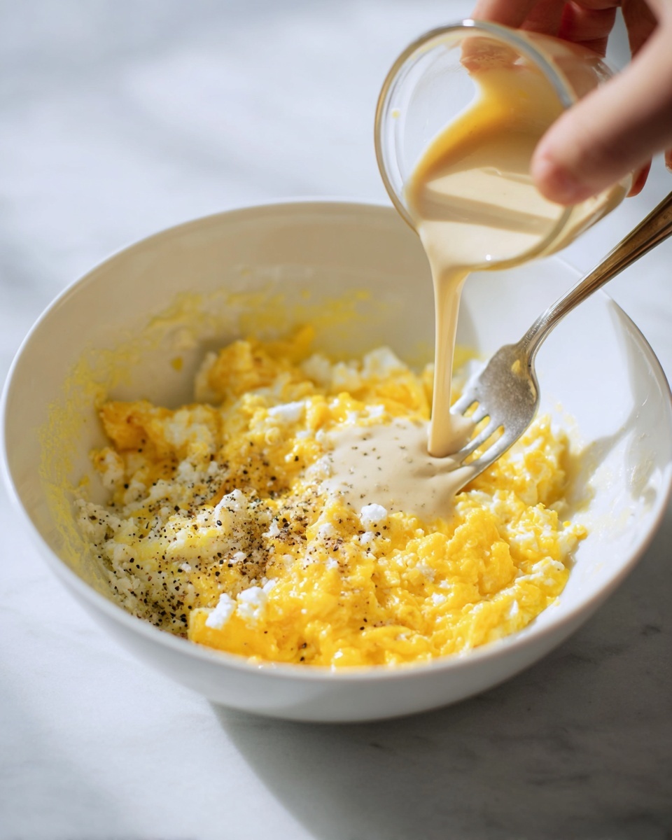 A white bowl holds finely chopped yellow egg yolks and whites, mixed evenly with small black pepper specks and white salt grains scattered on top. A smooth, creamy light beige sauce is being poured from a small clear glass container into the bowl, while a woman's hand uses a fork to blend the sauce with the egg mixture. The scene is set on a white marbled surface with soft natural light enhancing the textures and colors. photo taken with an iphone --ar 4:5 --v 7