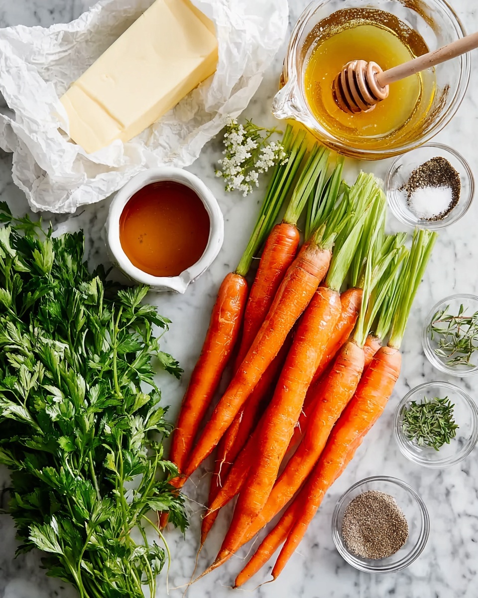 The image shows a bunch of bright orange carrots with fresh green leaves lying on a white marbled surface to the right. To the left, there is a stick of pale yellow butter partially wrapped in white paper, a bunch of fresh green parsley, and a small white container with honey and a wooden honey dipper inside. Above that, there is a glass jug filled with light golden oil. Near the carrots are small glass bowls with ground black pepper and coarse salt, and some fresh green herbs scattered near the center. Photo taken with an iphone --ar 4:5 --v 7