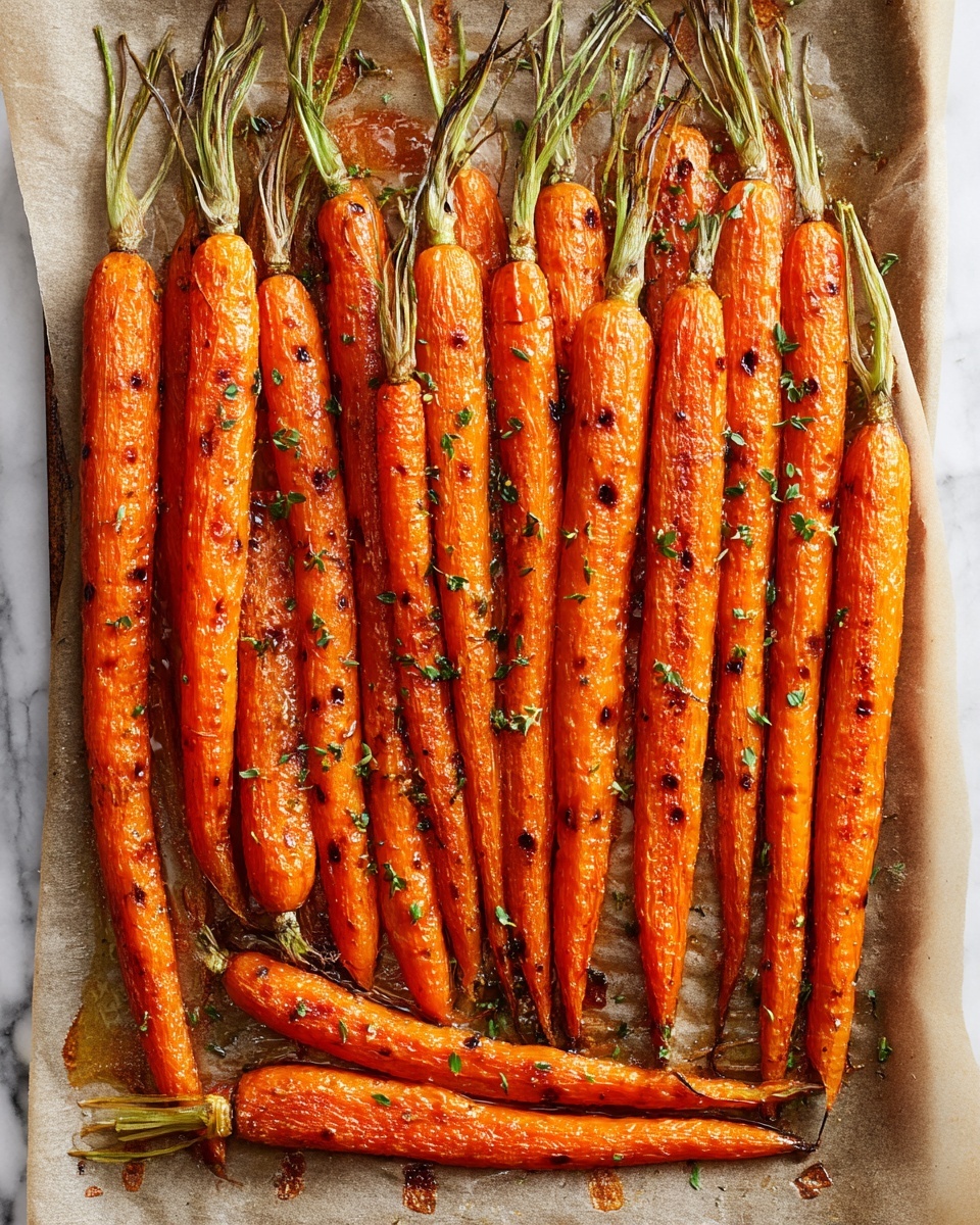 A tray filled with one layer of whole roasted carrots, arranged side by side in rows, showing a bright orange color with a slightly wrinkled texture and some charred spots, each carrot still has green tops attached. There are small sprinkled green herbs on top and drops of oil visible on a light brown parchment paper beneath the carrots. The photo is taken from above on a white marbled surface. photo taken with an iphone --ar 4:5 --v 7