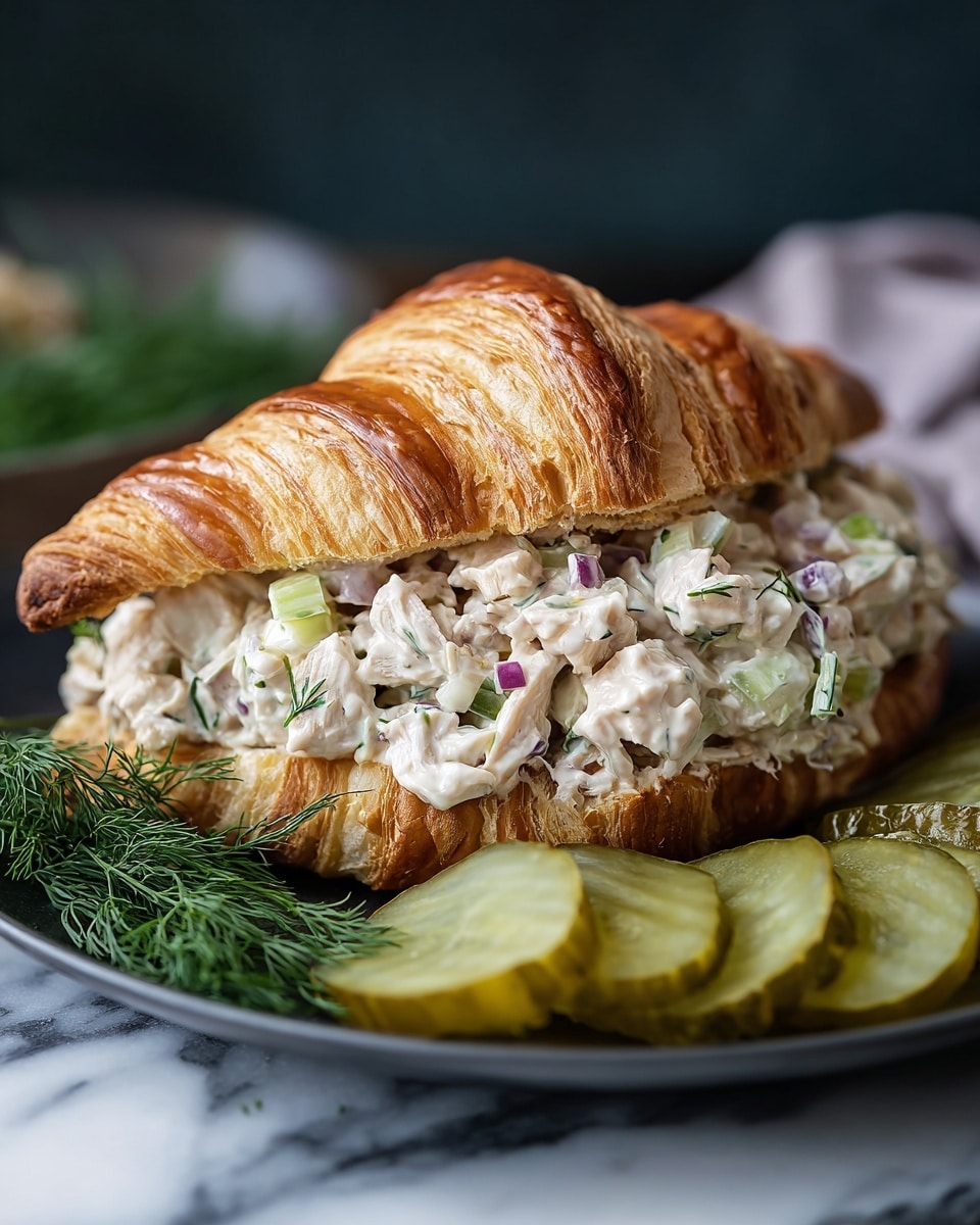 A flaky, golden-brown croissant sliced open and filled generously with a creamy chicken salad mixture containing white chicken pieces, green celery, purple onion chunks, and fresh green dill, placed on a dark plate with a small bunch of dill on the side and several overlapping slices of green pickles next to the croissant, all set on a white marbled surface. photo taken with an iphone --ar 4:5 --v 7