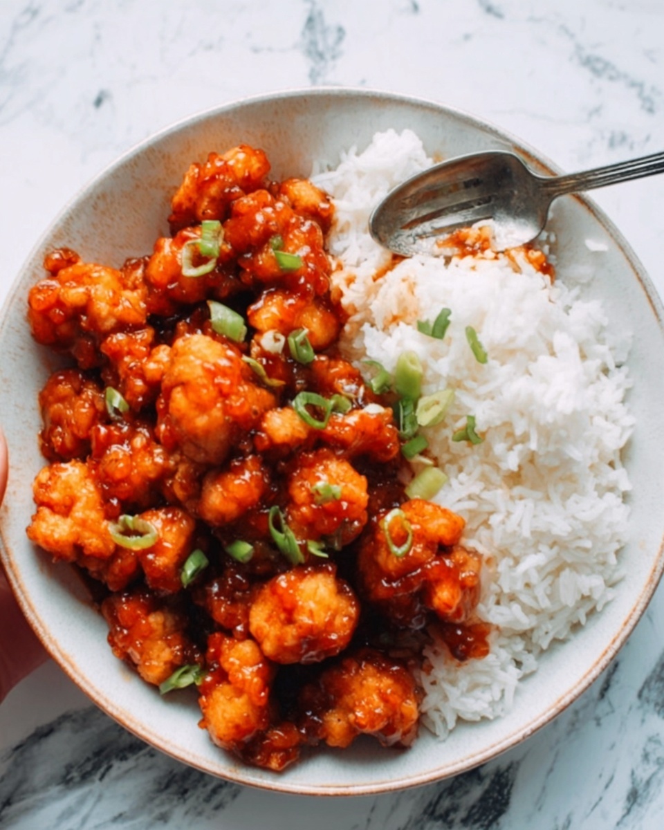 The image shows a white round plate with two main sections: on one side, there is a pile of white fluffy rice with soft texture, and on the other side, there are pieces of crispy fried chicken covered in bright orange-red sauce, making them shiny and sticky. The chicken pieces are garnished with small green slices of spring onion scattered on top. A woman’s hand holds a silver spoon resting on the rice. The background has a white marbled texture. photo taken with an iphone --ar 4:5 --v 7