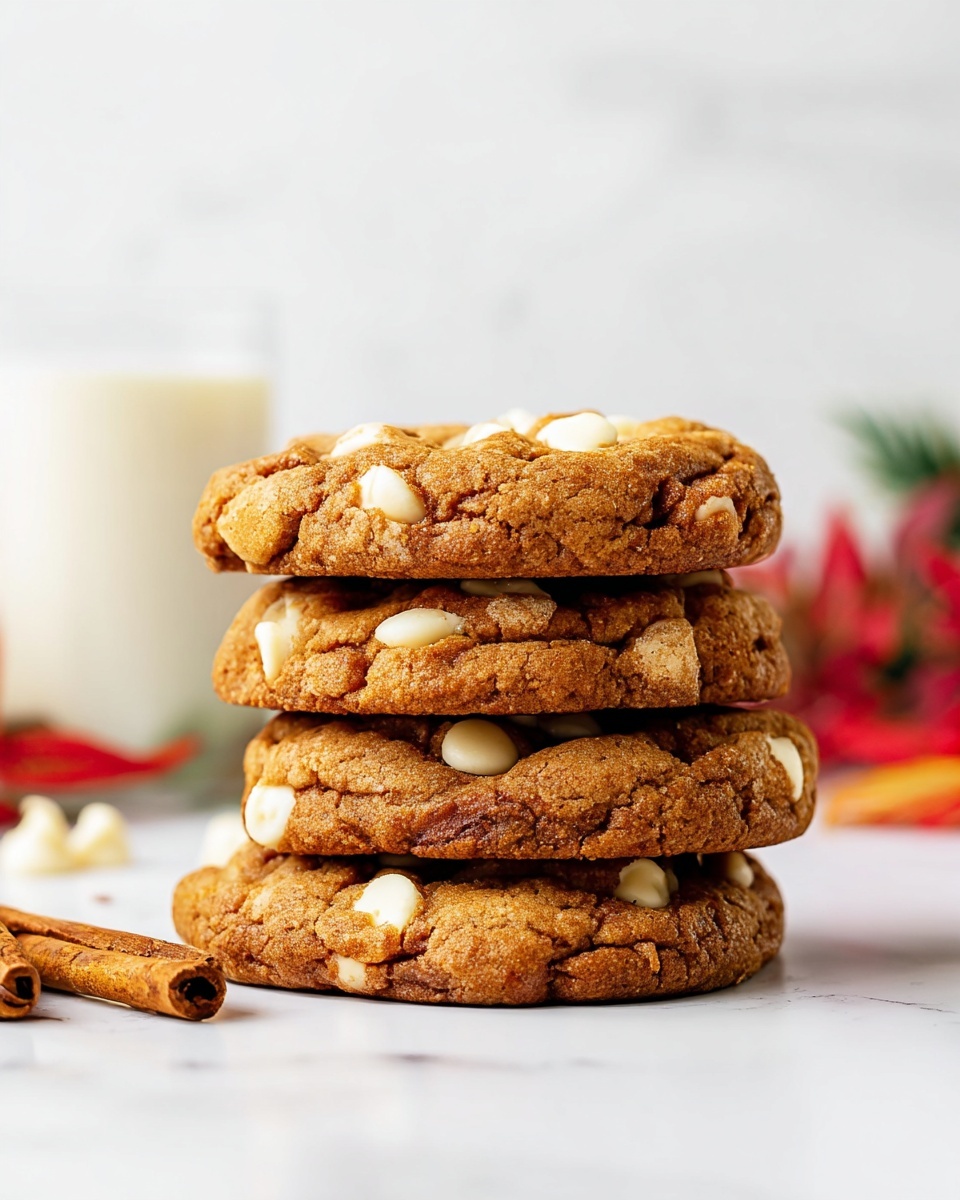 A stack of four thick cookies sits centered on a white marbled surface, each cookie golden brown with visible rough texture and white chocolate chips scattered throughout. The cookies have a slightly cracked top and appear soft but firm. In the lower left corner, two cinnamon sticks lie on the surface. The background is softly blurred with a glass of milk and some red and green leaves, all against a white marbled texture. Photo taken with an iphone --ar 4:5 --v 7