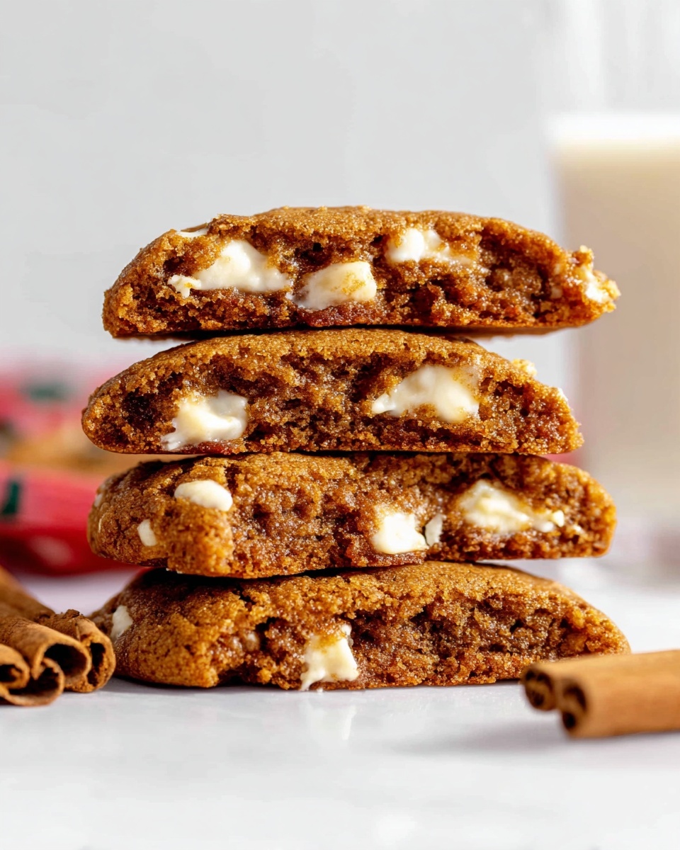 A stack of four soft, brown cookies with a slightly crumbly texture is shown, each cookie cut in half horizontally to reveal gooey white chips spread evenly throughout the interior. The cookies are stacked on a white surface with a blurred background that includes a glass of milk and cinnamon sticks. The focus is on the rich, moist inside of the cookies and the contrast between the warm brown dough and the bright white chips. The stack is slightly uneven, giving a casual, homemade feel. photo taken with an iphone --ar 4:5 --v 7