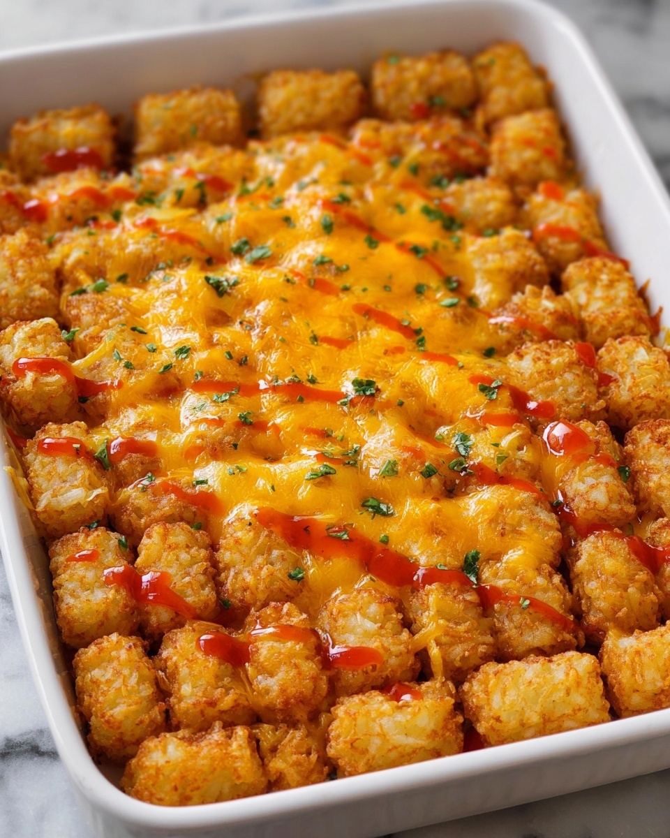The dish shows a white rectangular baking dish filled with three layers: the bottom layer is a dark baked base hidden under a layer of crispy golden brown tater tots arranged tightly in rows covering the whole surface; on top of the tater tots is a melted layer of bright yellow-orange cheddar cheese spreading evenly; garnished with thin drizzle of reddish-orange sauce and small bits of green herbs scattered across; all sitting on a wooden surface replaced with a white marbled texture photo taken with an iphone --ar 4:5 --v 7